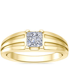 NEW Men&#39;s Tapered Grooved Solitaire Engagement Ring in 18k Yellow Gold